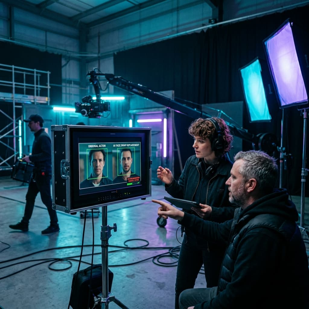 Film crew reviewing a face swap video editing previz on a monitor