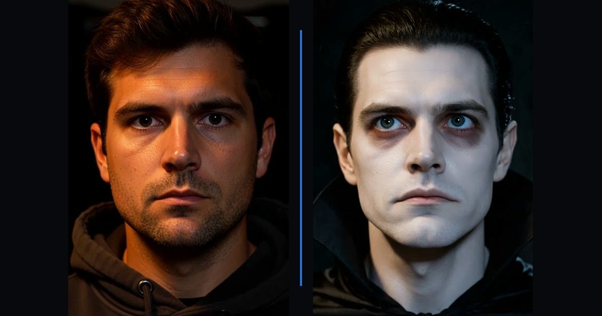 Halloween face swap: a performer before and after being turned into a pale vampire with a high-collared cape