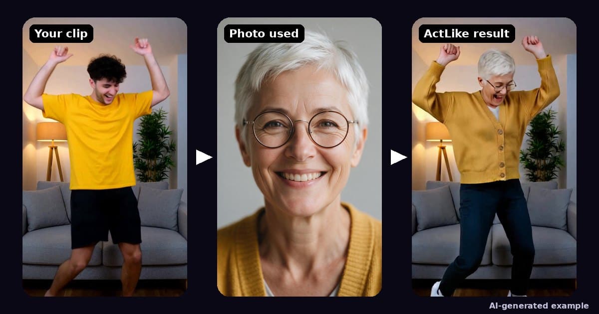 Put my face in a video example: a young man dancing in a living room, the photo of a smiling woman with silver hair and glasses, and the result with her doing his dance